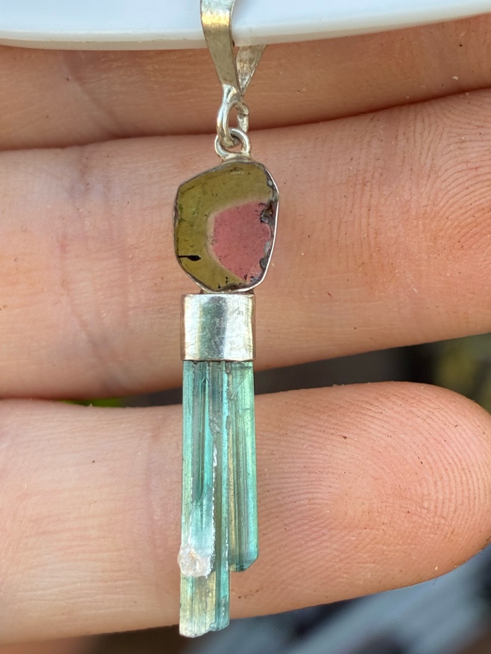 Rare genuine watermelon tourmaline / tourmaline stick pendant $699 handmade